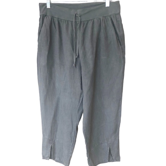 FLAX Cropped Linen Drawstring Pants With Pockets and Front Ankle Slits M - Picture 6 of 6